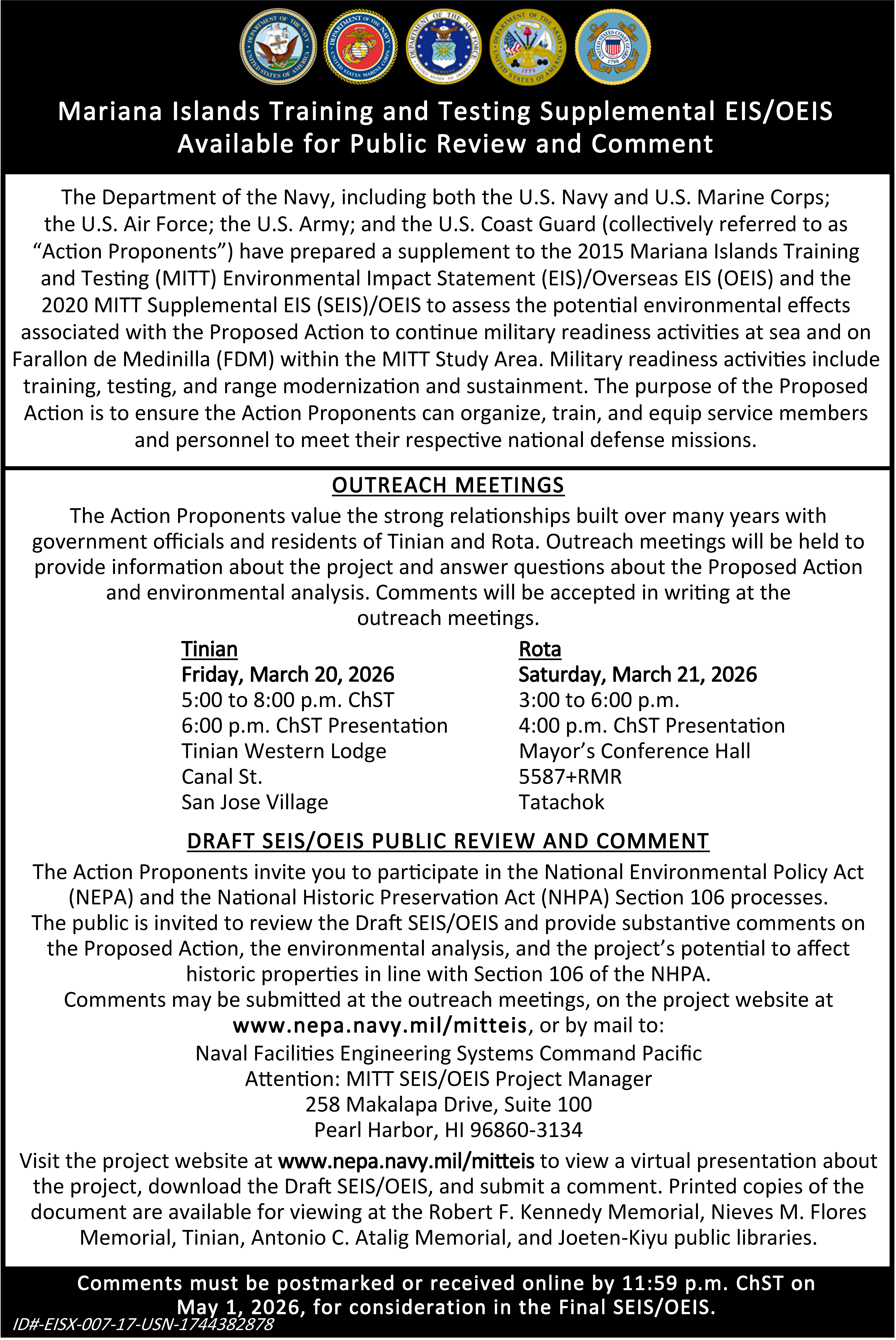 Tinian and Rota Outreach Meetings Newspaper Notice